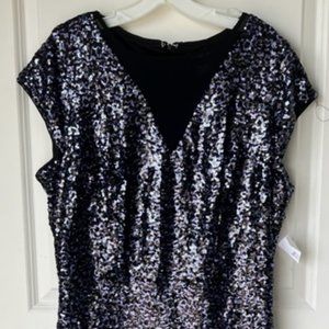 Royal Blue & Black Sequin Sparkle Dress Black Mesh at Chest V-Neck